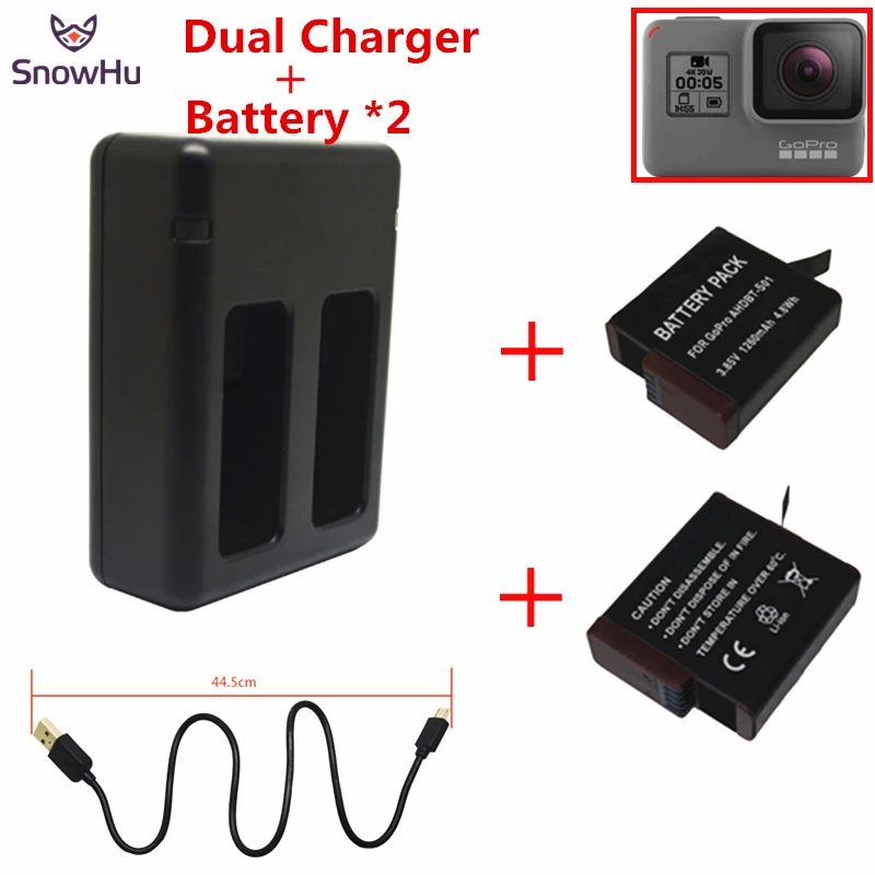 Enlarge SnowHu for GoPro Hero 7 6 5 Battery 2PCS 1220mAh Battery + USB Dual Battery Charger For Hero 7 6 5 Camera Accessories GP508B