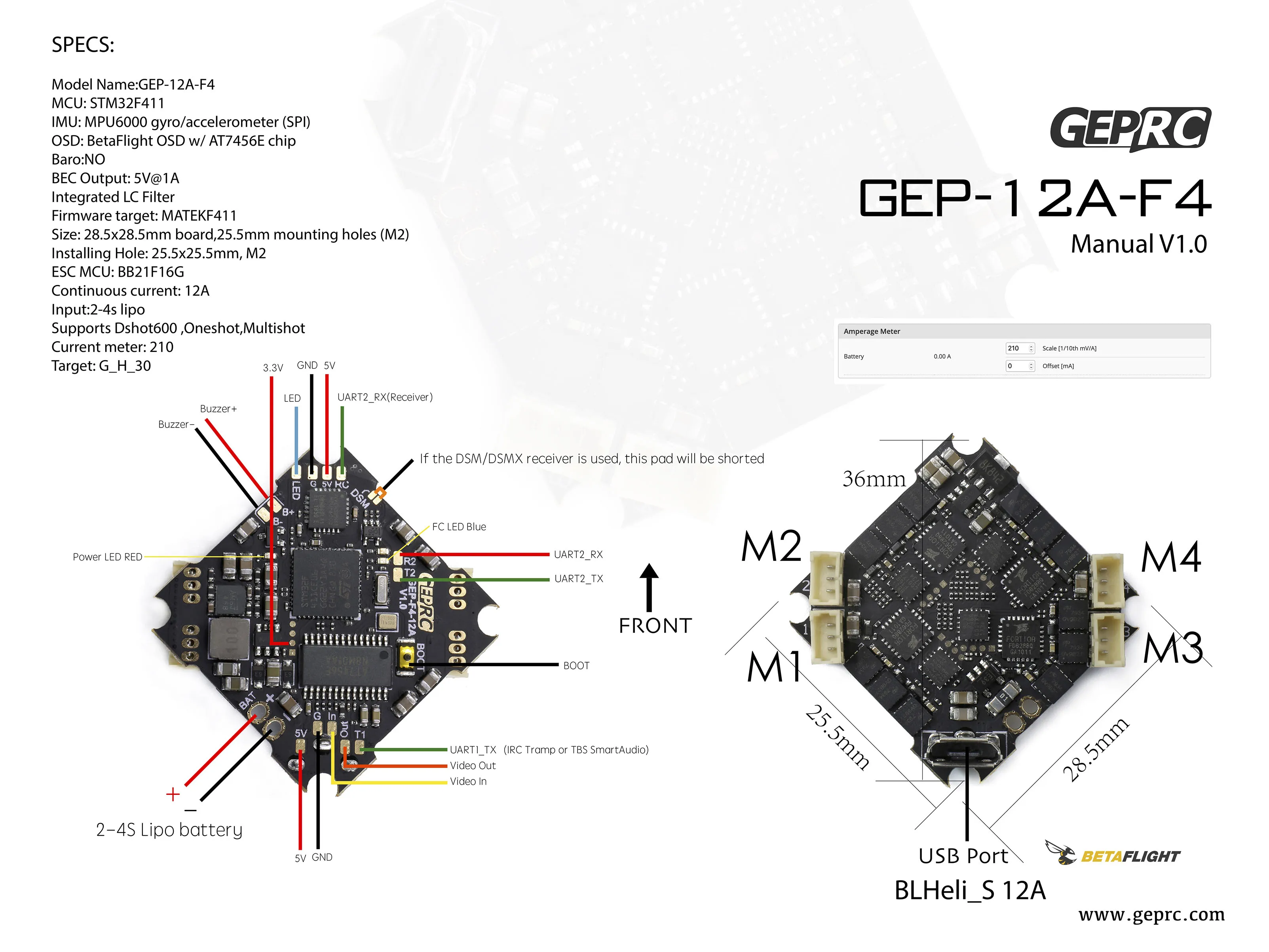 GEPRC GEP 12A F4 STM32F411 Контроллер полета и ESC Поддержка 2 ~ 4S Аккумулятор для крошечных
