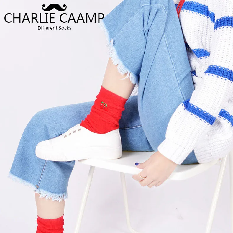 CHARLIE CAAMP, женские хлопковые носки с фруктами, новые, всесезонные, модные, с вышивкой, серия, для девушек, Harajuku, свежие, повседневные, короткие носки, W106