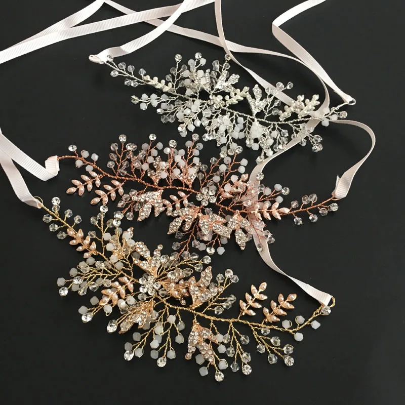 SLBRIDAL розовое золото Проводные хрустальные стразы жемчуг цветок свадебное украшение на голову свадебные волосы лоза аксессуары для волос подружки невесты женщин