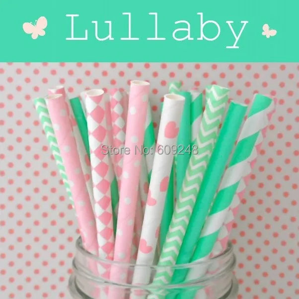 

150pcs Mixed Colors Lullaby Mint & Pink Paper Straws,Striped,Dot,Diamond,Heart,Chevron,Plain, Drinking Straws - Party Supplies