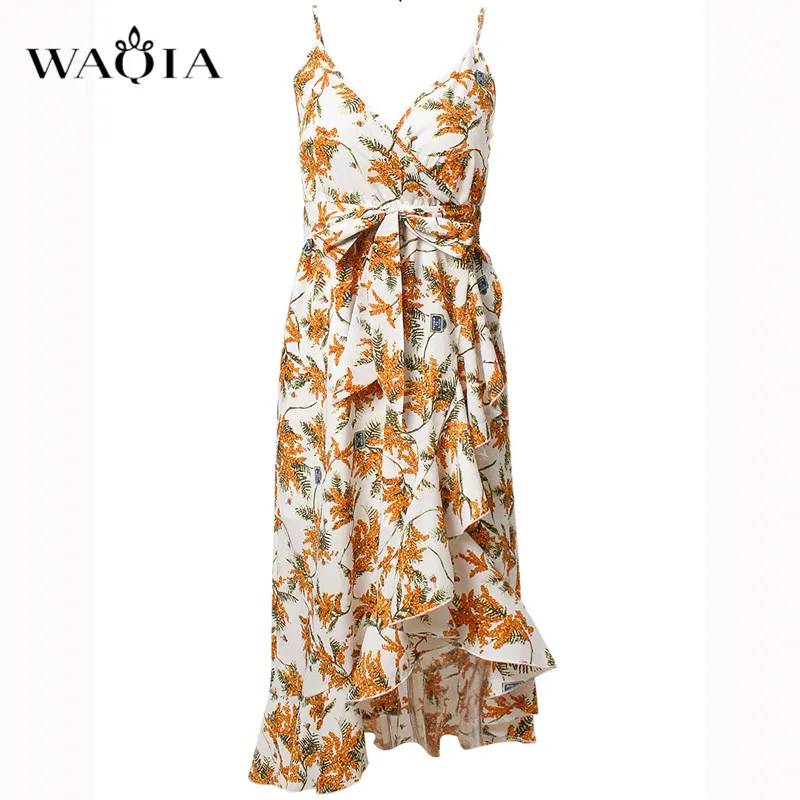 Waqia 2018 летнее платье Для женщин Цветочный принт белое без рукавов Boho Стиль