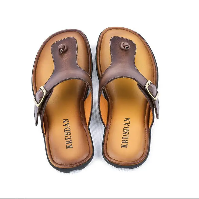 Мужские тапочки летние из натуральной кожи Нескользящие пляжные туфли