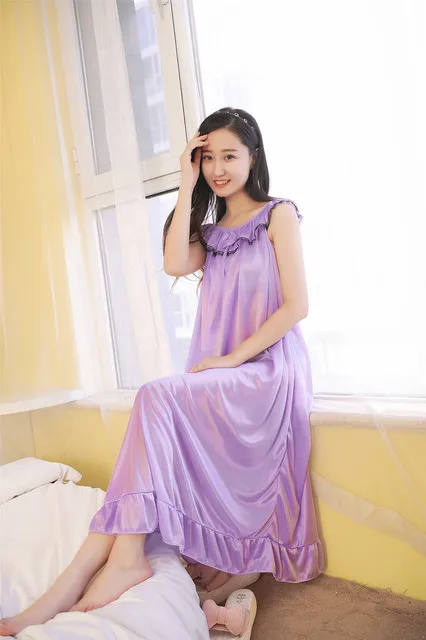 purple Сексуальная женская летняя длинная ночная рубашка, шелковая ночная рубашка без рукавов, однотонная свободная ночная рубашка, повседневное Ночное платье, Неглиже - Цвет: purple