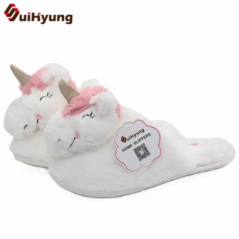 Suihyung/женские тапочки; зимняя теплая меховая домашняя обувь; белые плюшевые тапочки с рисунком единорога; женские нескользящие шлепанцы на плоской подошве для спальни