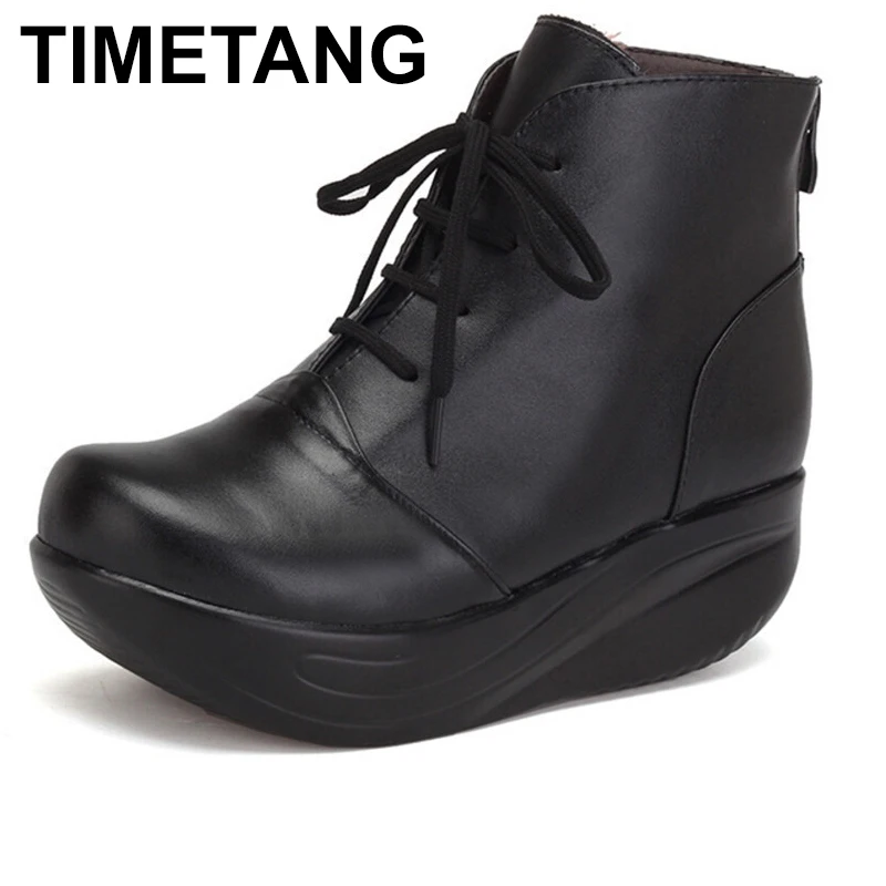 

TIMETANG Solid Black Women Boots Lace Up Genuine Leather Winter Boots Warm Wedges Platform Swing Shoes Big Size Short Shoes