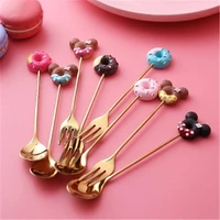 golden 304 stainless steel dounts spoon fork coffee dessert tea ice cream spoons forks stirring cute cartoon teaspoon