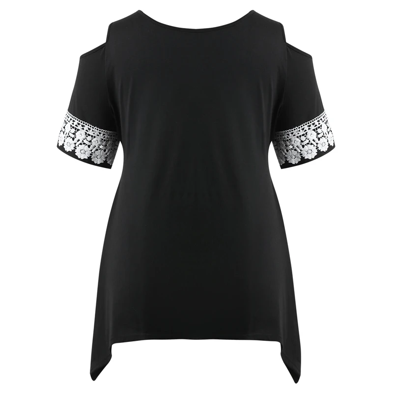 Women Casual Open Shoulder Flower Plus Size Floral Black Short Sleeve Fashion Lace T-shirt | Женская одежда