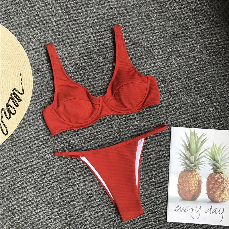 Бикини 2018 купальник для женщин сексуальное бикини однотонный купальный костюм с