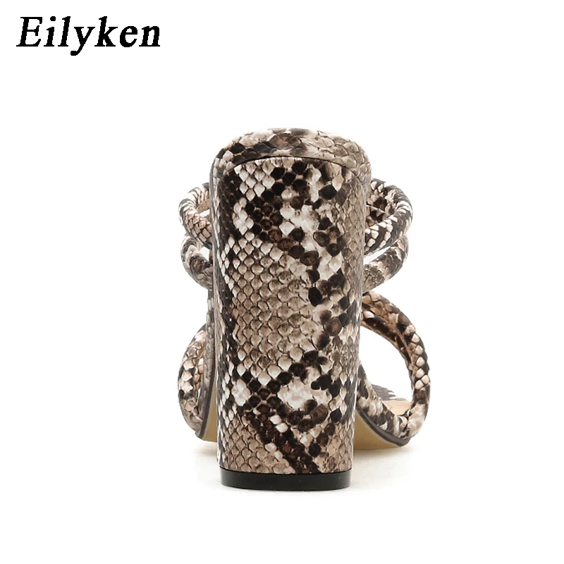 Eilyken/ г. Новые летние шлепанцы на квадратном каблуке женская пикантная обувь с открытым носком вечерние босоножки на высоком каблуке 11 см под змеиную кожу Размеры 35-40