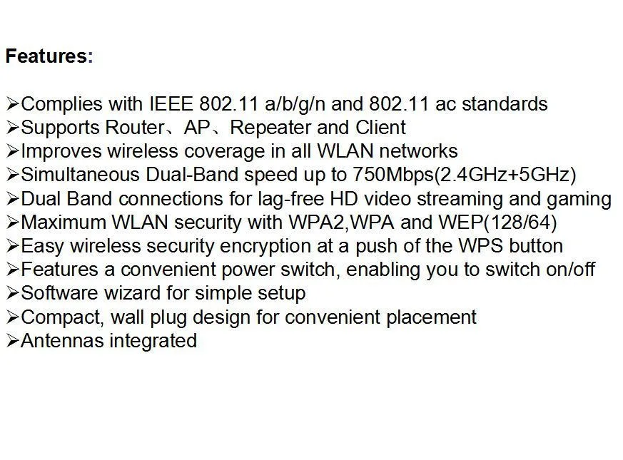 AC750 WiFi расширитель диапазона маршрутизатор Reapter Boosters сигнал двухдиапазонный 2,4 ГГц и 5 ГГц двухдиапазонный Макс. 750 Мбит/с 802.11ac США/ЕС вилка