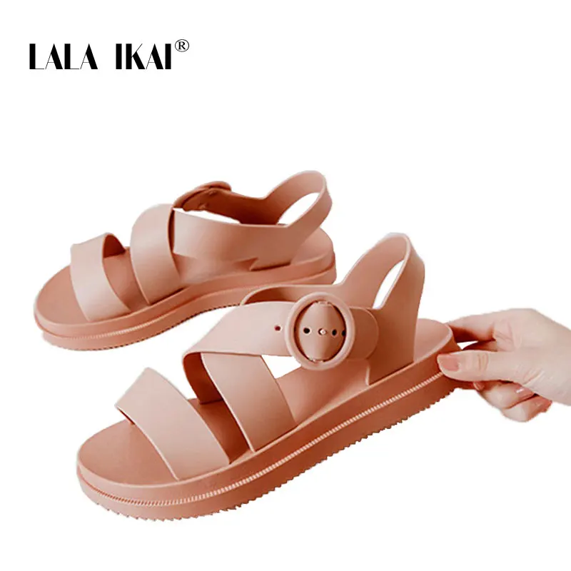 Pink LALA IKAI/Босоножки; женская летняя повседневная обувь на танкетке; пляжная обувь на плоской подошве из искусственной кожи; женские нескользящие сандалии; Sandalias Mujer; 014A3793-4 - Цвет: Pink