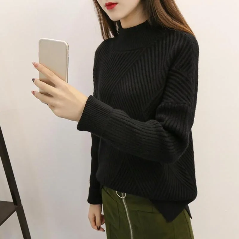 High collar Knit Cashmere Sweater Women Large size Loose Sweaters Spring New 2018 Fashion Warm Bottom Female Slim LY1263 | Женская