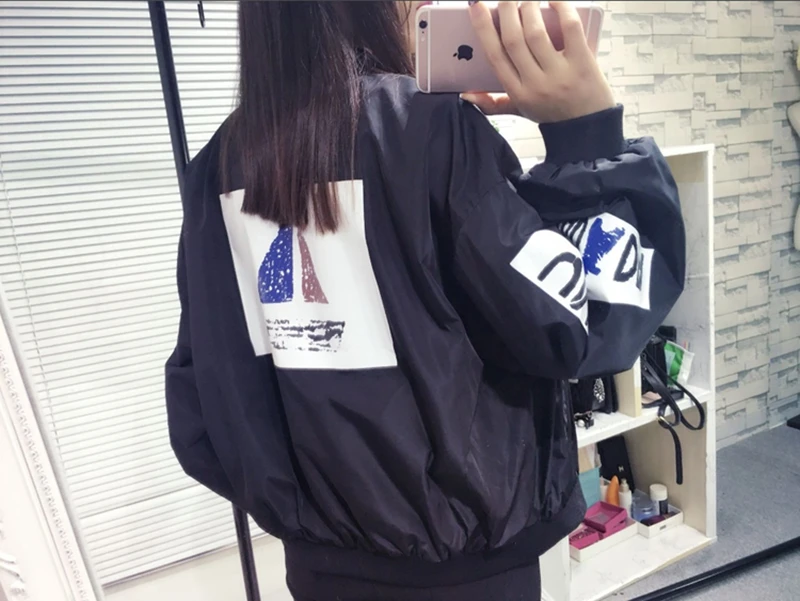 2016 г. весна и осень-розовый Курточка бомбер Для женщин BF Стиль с буквенным принтом