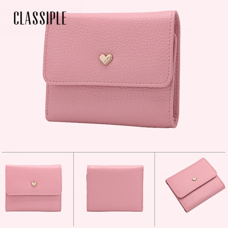 100% женский кошелек из натуральной кожи с держателем для карт короткий розовый