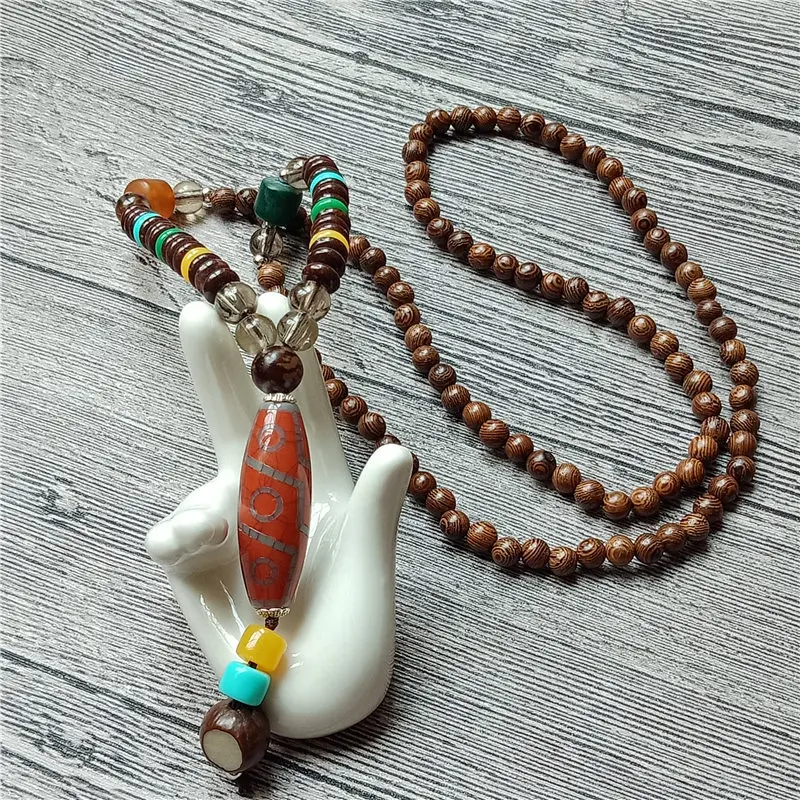 Nepal Buddhist Mala Wood Beads Necklace Imitation Stone Pendant Ethnic Horn Long Statement For Women Men | Украшения и аксессуары