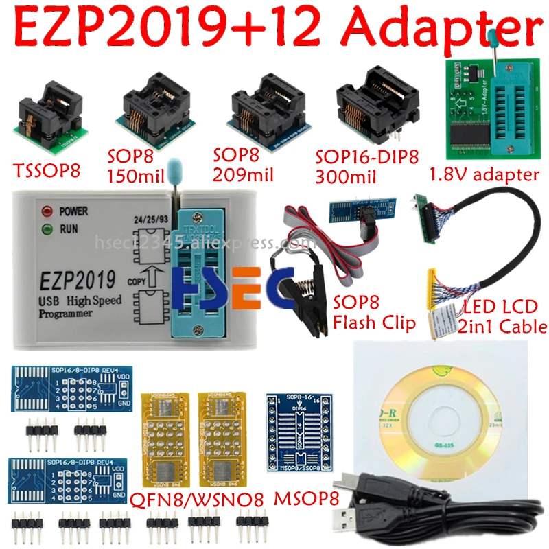 Цвет: желтый Полный набор EZP2019 высокоскоростной USB SPI программатор+ 12 адаптер SOP8 тестовый зажим sop8/16 1,8 в адаптер гнездо flash bois 24 25 EEPROM - Цвет: Цвет: желтый