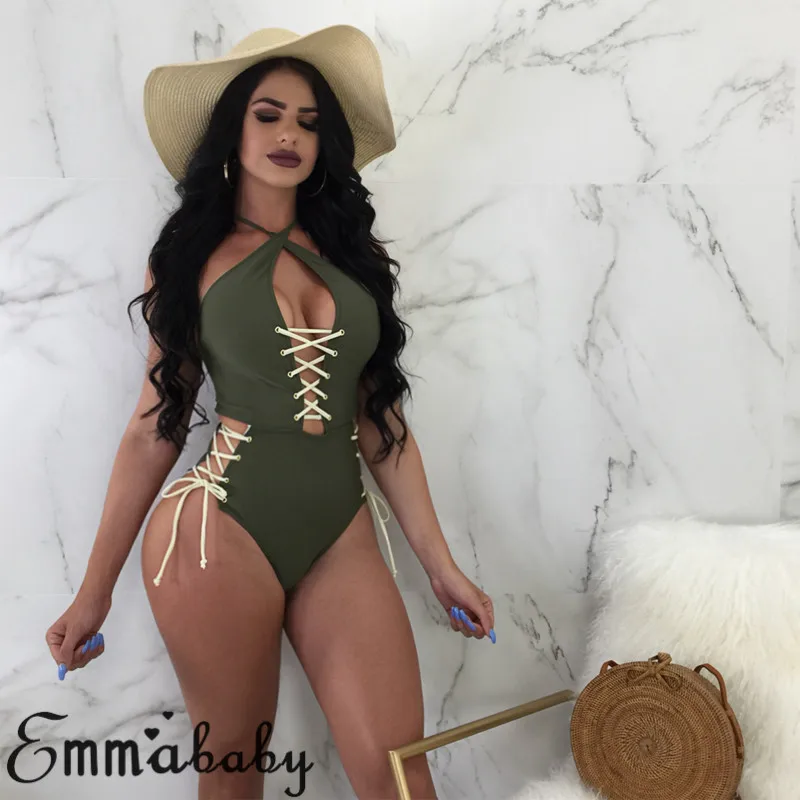 Новинка 2018 летний бандажный Цельный купальник сексуальное однотонное бикини