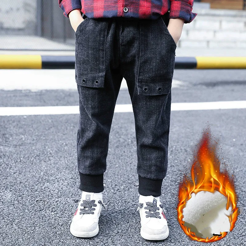 

Boys 4-14 Years Winter Autumn Jeans Full Length Ribbed Leg Openings Pants Fashion Harem Denim Warm Fleece Mid-Waist Trousers