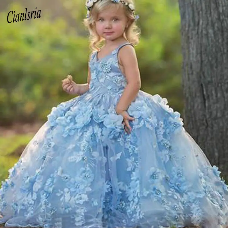 Милое синее платье для девочек на бретелях спагетти с цветочной аппликацией и 3D
