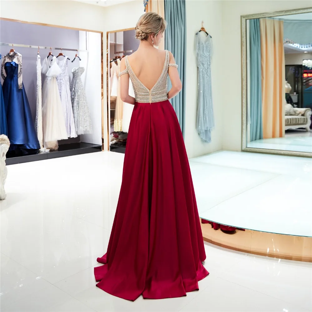Женское атласное платье с открытыми плечами Forevergracedress темно красное вечернее бисером и кристаллами большие