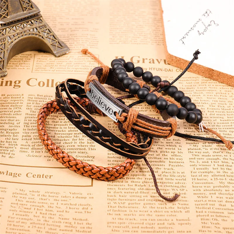 Кожаный браслет Homens Pulseira 1 комплект 3/4 шт. мужской многослойный с бусинами для