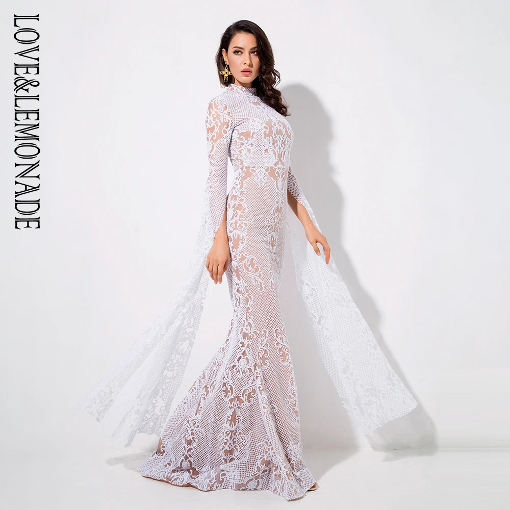 Женское блестящее платье LOVE & LEMONADE белое длинное с геометрическим рисунком