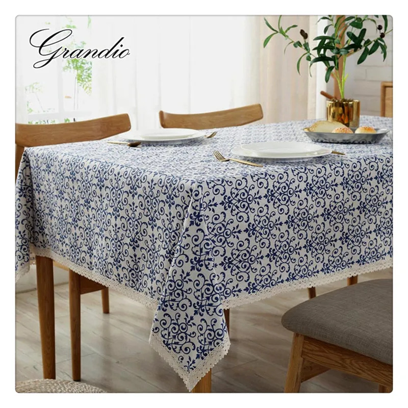 Blue and White Porcelain Table Cloth with Lace Trim Blending Cotton Linen Fabric Home Decorative Tablecloth Cover | Дом и сад