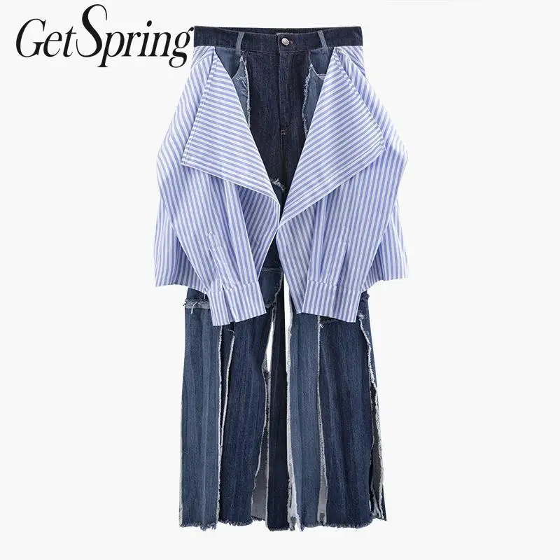 Женские джинсы в полоску GetSpring асимметричные с широкими штанинами и высокой