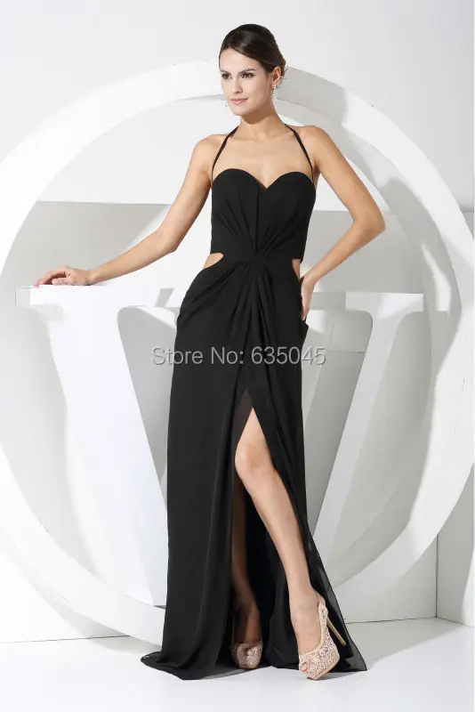 2016 новый заказ шифон сексуальные повод боковыми разрезами складки просто черный