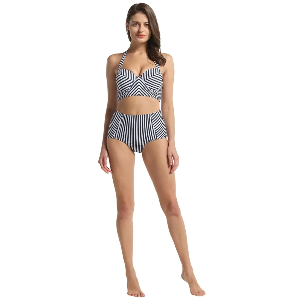 megartico women Bikini 2019 high waist retro black white stripe print two pieces swimsuit push up halter ladies bathing suit | Спорт и