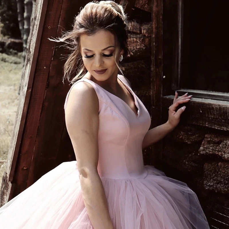 Бальные платья из атласа с круглым вырезом и тюля свадебные Розовые Свадебные