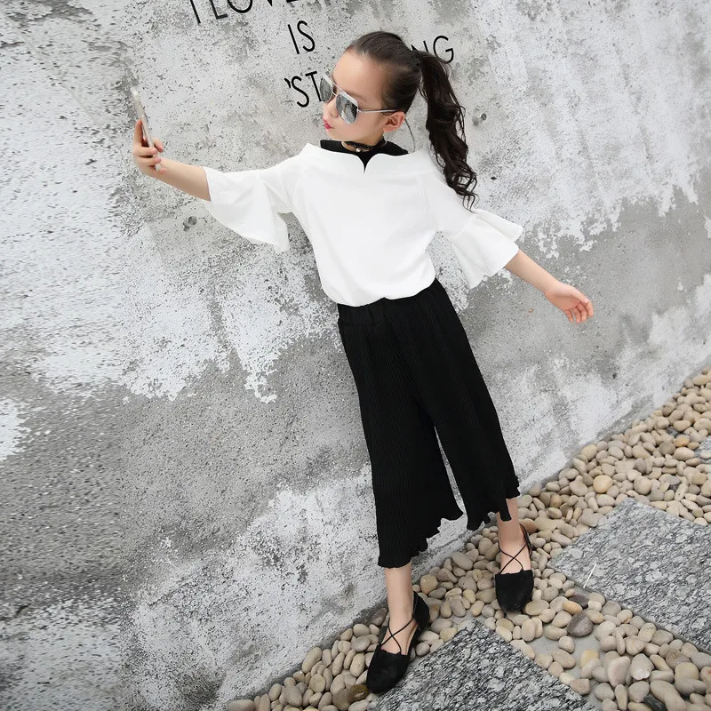 2018 Spring Autumn Girls Flare Sleeve T-shirt+Pants Fashion Princess Clothing Sets Kid Bare shoulder School Sport Clothes set | Мать и