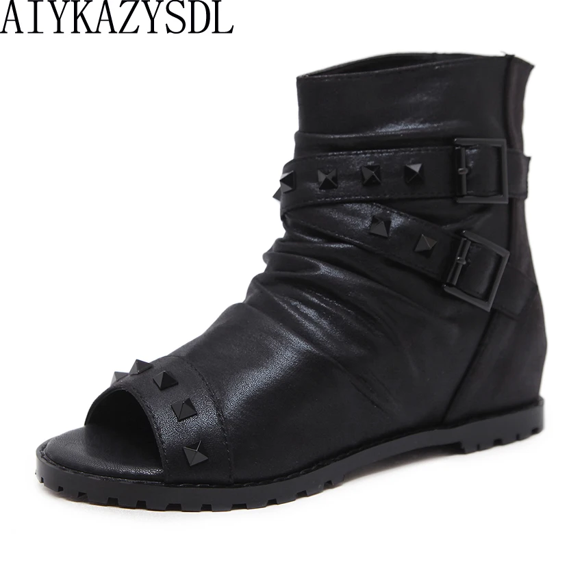 

AIYKAZYSDL Rome Gothic Peep Toe Ankle Boots Gladiator Sandals Women Rivets Studded Short Bootie Wedge Heels Cross Strap Shoes