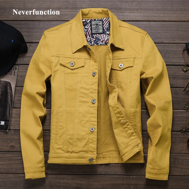 

Spring Autumn 2023 Red white Black Yellow army green Jeans Jacket Men Slim Streetwear Denim Jacket Hip Hop Bomber Jacket Homme