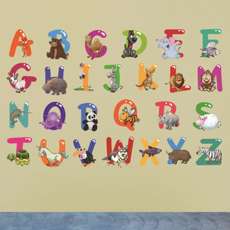 Алфавит с животными настенные наклейки буквы для детской комнаты съемные на