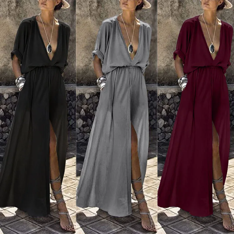 Сексуальное платье с глубоким v-образным вырезом, раскол, Vestidos, женский летний сарафан,, ZANZEA, женское однотонное повседневное вечернее платье размера плюс, макси платье