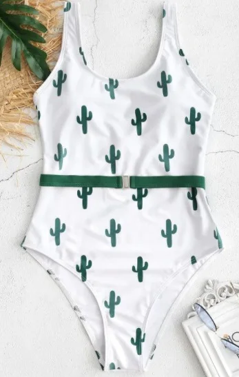 

Cactus Print High Waist One Piece Swimsuit Women Push Up Vintage Swimwear 2019 Bikinis Bathing Suit Bodysuit Maillot De Bain