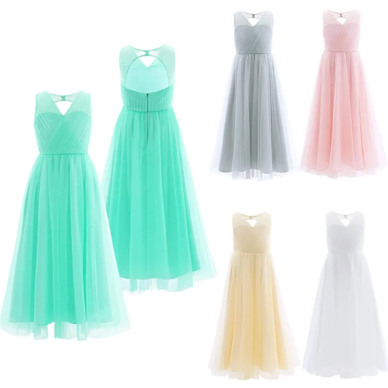

Flower Girl Dresses Floor Length Sleeveless Pleated Mesh Splice Cutout Back Girls Wedding Dress Kids Birthday Party Dress