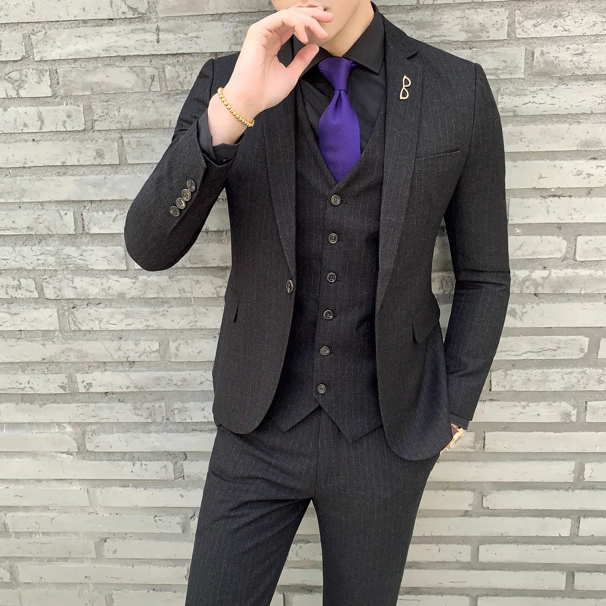 

Mens Suit Vested Three Piece Blazer Jacket Dress Vest Plus Pants Striped Groomsmen Wedding Tuxedos Suits