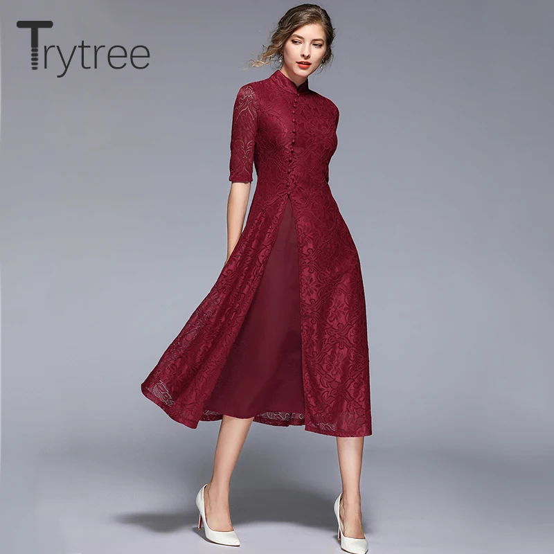 Летнее осеннее однотонное платье Trytree в китайском стиле с воротником стойкой