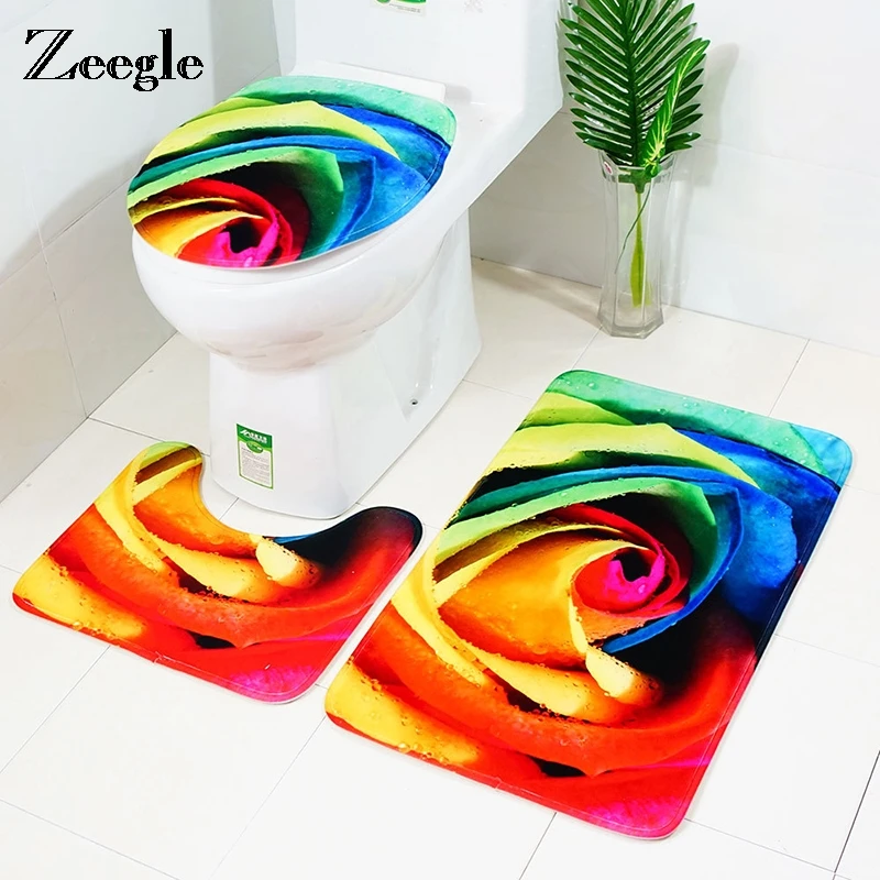 

Zeegle Rose Pattern 3Pcs Microfiber Bath Mats Set Rose Pattern Rug Toilet Mat Lid Cover Anti-slip Absorbent Bathroom Rug