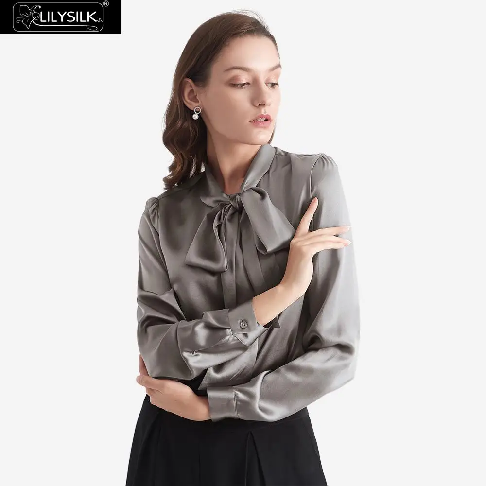 Dark Gray LilySilk блуза шелковая с галстуком-бабочкой на шее Женская Новинка - Цвет: Dark Gray