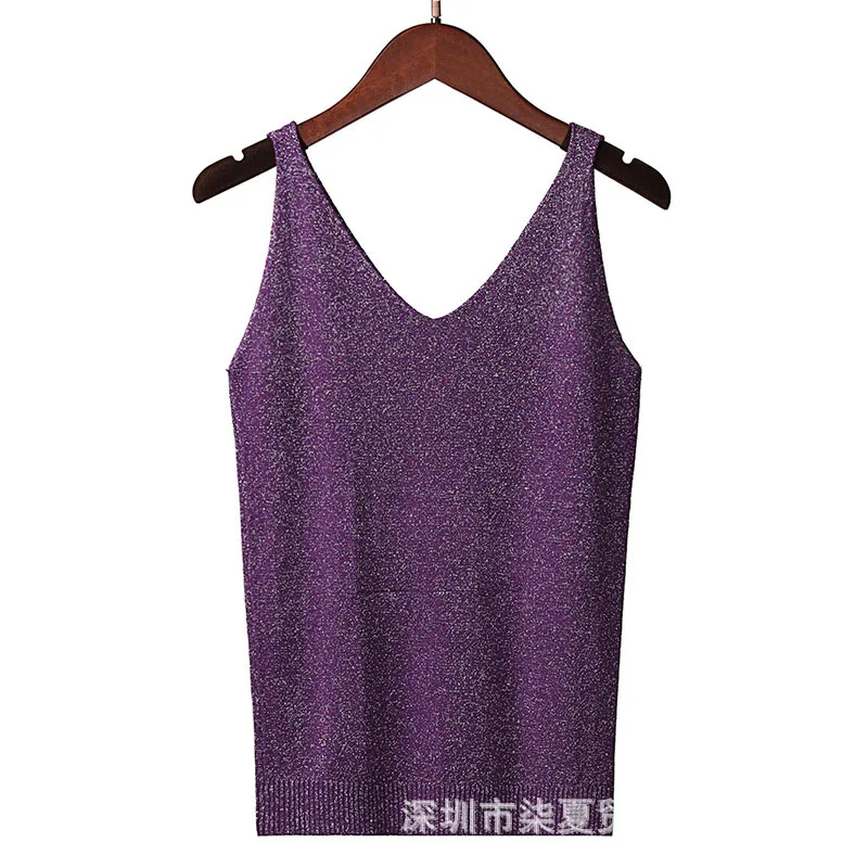 8 Популярный блестящий сексуальный вязаный свитер с люрексом, женский летний топ без рукавов, пуловер, женский свитер с v-образным вырезом, пуловер с бретельками - Цвет: 8