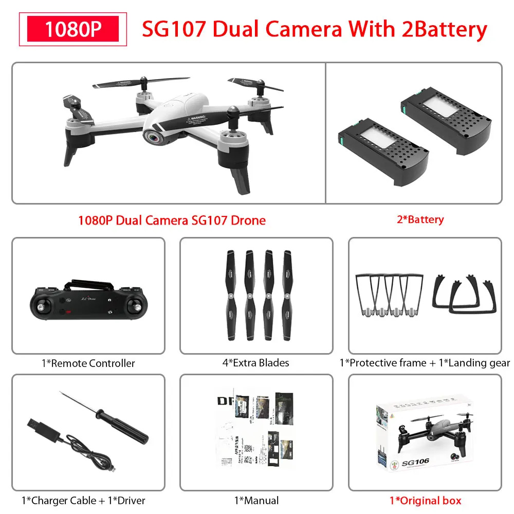 1080P White 2Battery SG106 WiFi FPV Радиоуправляемый Дрон с 720P или 1080P или 4K HD двойной камерой оптический поток воздушный видео Радиоуправляемый квадрокоптер для игрушек Детский Радиоуправляемый Дрон - Цвет: 1080P White 2Battery