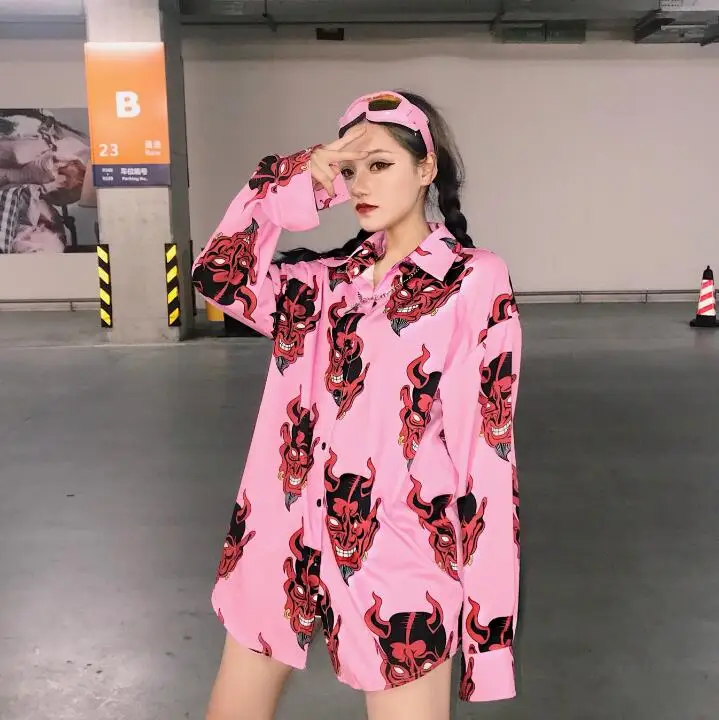 Розовый Lazy Ulzzang Harajuku Bf Свободная Повседневная рубашка с демоном женские рубашки для девочек Kawaii Ретро Студенческая панк Харадзюку туника для женщин Топ - Цвет: Розовый