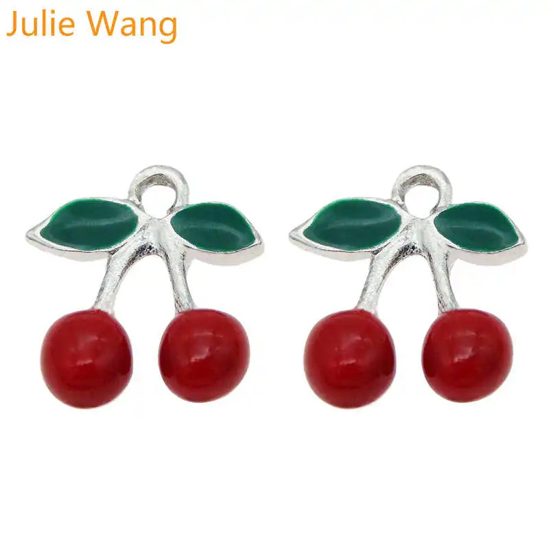 Julie Wang 10 шт. эмалированные красные вишневые фрукты серебряные подвески ювелирные
