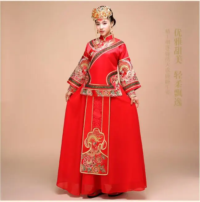 Красное платье Ципао традиционное китайское свадебное Феникса восточные платья