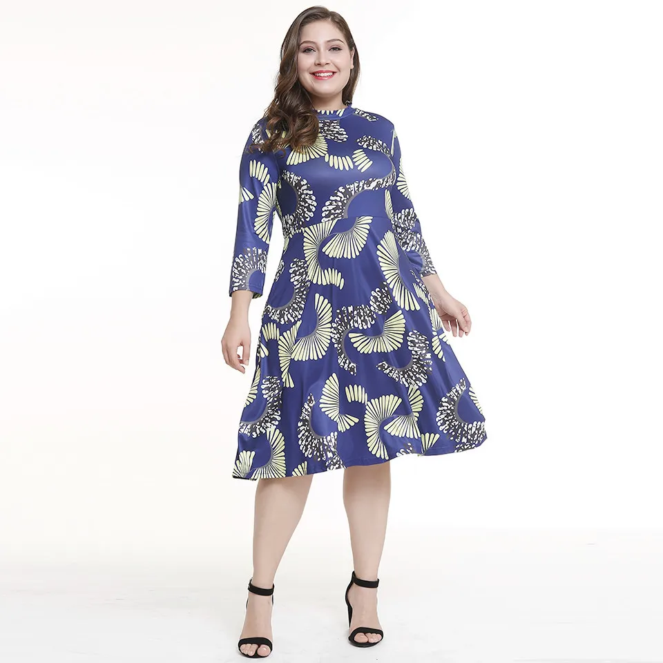 Women Autumn Blue Print Dress Plus Size Spring Long Sleeve Dresses New 2018 Clothing | Женская одежда