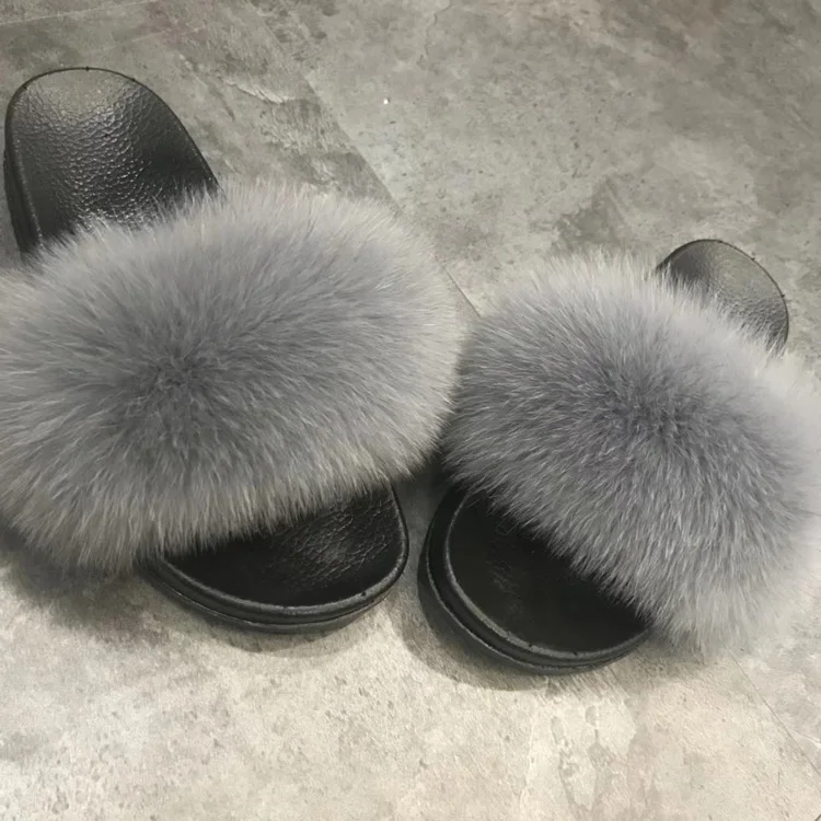 Real fox Fur Slippers Women Home Fluffy Sliders Comfort Furry Summer Flats Sweet Ladies Shoes Female Indoor Flip Flops|Женские